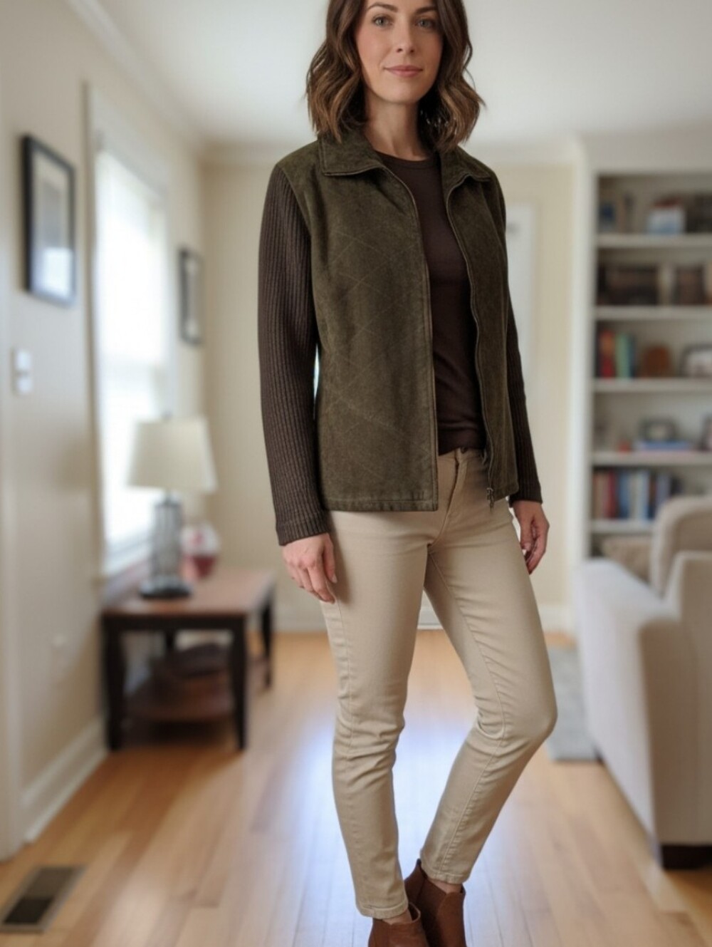 Brown Genuine Suede Leather Cardigan Zip Up Jacket/Blazer w/Knit Sleeves - S